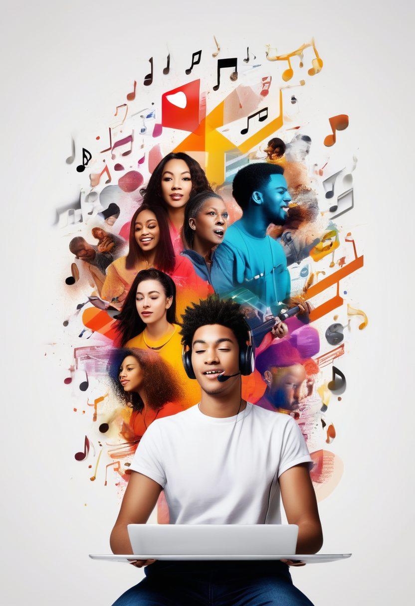 A vibrant collage of diverse individuals engaging with music, showcasing people of different ages and ethnicities sharing their musical talents through smartphones and laptops. Include visual elements like musical notes and YouTube Music logo floating around, symbolizing connection and creativity. The background should be lively, with a gradient of colors representing different music genres. super-realistic. vibrant colors. white background.