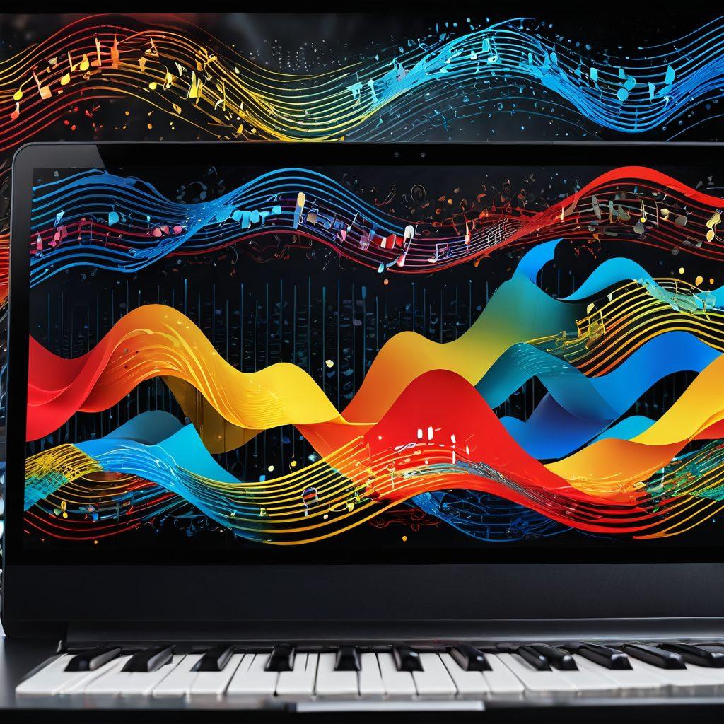 A dynamic collage of vibrant music waves and digital notes flowing through a computer screen displaying the YouTube logo. Bright colors of red, blue, and yellow to represent different genres of music. Lively visuals of diverse musicians and instruments merging with technology, surrounded by icons of playlists and recommendations. surreal and energetic atmosphere. vibrant colors. super-realistic.