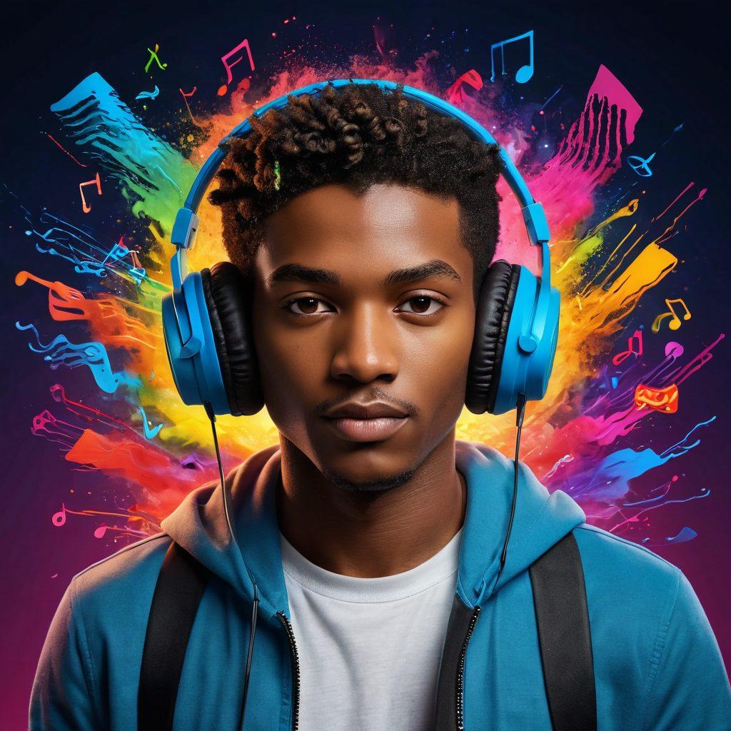 A person wearing headphones, immersed in vibrant sound waves that visualize musical notes. In the background, iconic YouTube Music elements like play buttons and streaming icons float around, creating an energetic atmosphere. The scene is colorful and dynamic, representing the passion of streaming music. Include elements of technology like smartphones or laptops to enhance the modern vibe. super-realistic. vibrant colors. 3D.
